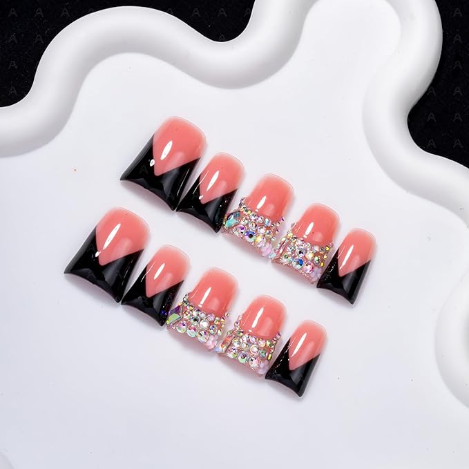 10 Pieces Luxury Y2K Acrylic Press On Nails Short Handmade Duck Nails, Black Thickened French False Nails With Bling Rhinestones, Reusable Fake Nails, Acrylic Nails (M)