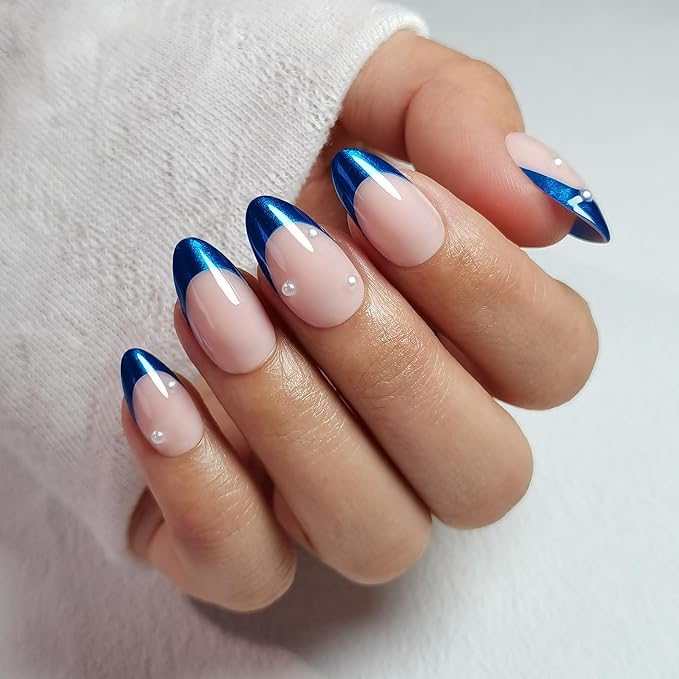 Press On Nails - Ocean | Blue Chrome French Tip with Pearl Design, UV Finish Almond Nails, Salon Quality | 32 Nails, 16 Sizes Kit with Glue and Adhesive Tabs I Female Founded