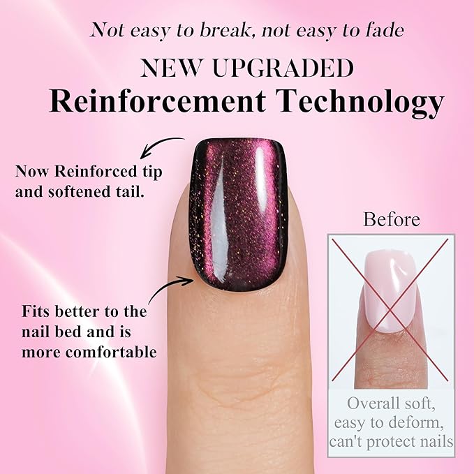 Cat Eye Press on Nails Short, Jofay Fashion Soft Gel Fake Nails, Purple-red Color-changing Shimmer Cat Eyes Nails, Reusable & Glossy Acrylic False Nails, Glue on Nails Kit Stick on Nails for Women