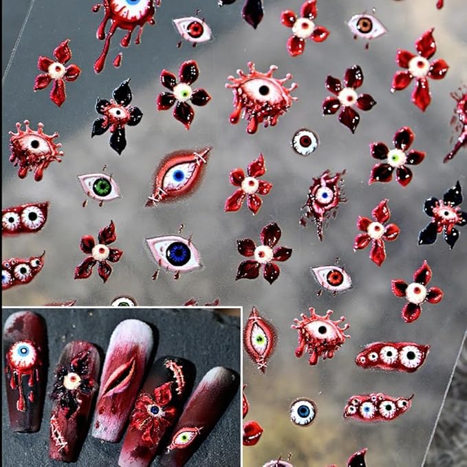 1 Sheet Halloween Nail Stickers 3D Self Adhesive Flower Eyes Nail Art Stickers 5D Embossed Devil's Flower Nail Decals Glossy Red Black Nail Design Holiday Nail Art Supplies for Women Girls
