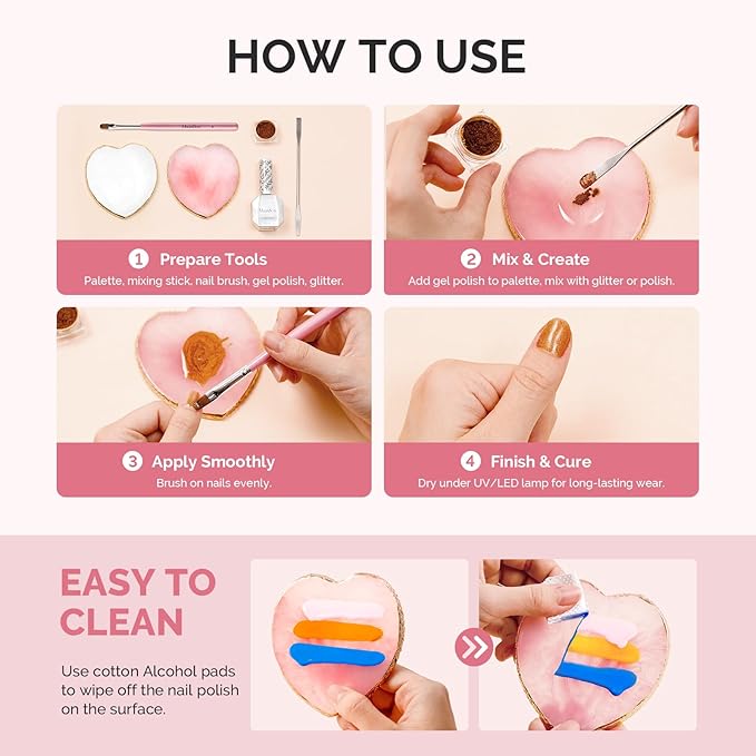 MelodySusie 2PCS Heart Shape Resin Nail Art Palette Set with Stainless Steel Mixing Stick, Professional Color Mixing Board for Gel Polish, Acrylics, Pigment Blending, Salon and DIY Makeup Tool
