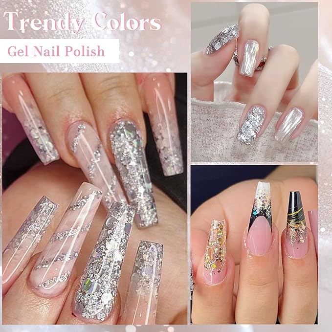 MEET ACROSS 9Pcs Glitter Gel Nail Polish Sliver Broken Gold Pink Flash Gel Polish Kit with Nail Brush, Soak Off UV LED Nail Art Salon & DIY Manicure at Home 8 Colors