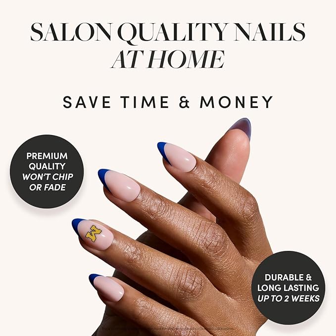 Glamnetic x Fanatics Press On Nails - Michigan Wolverines | Short Almond Fake Nails, Collegiate Wolverines Blue French Tips, College Nails, Salon-Quality | 15 Sizes - 30 Nail Kit with Glue