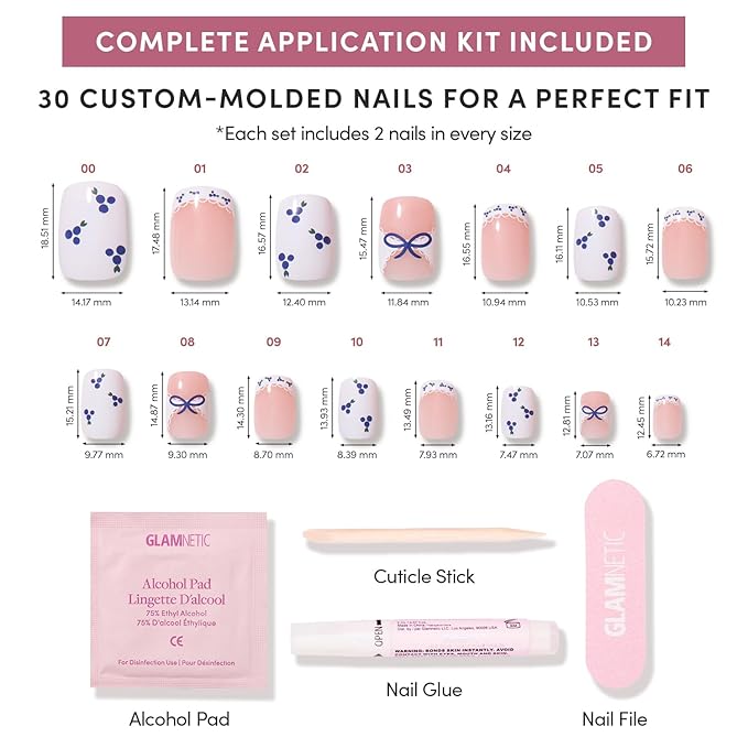 Valentines Day Glamnetic Press On Nails - Blue A Kiss | Short Squoval Fake Nails With Mixed Sheer & Solid Designs, Micro Blueberry and Scalloped Lace Accents | 15 Sizes - 30 Nail Kit with Glue