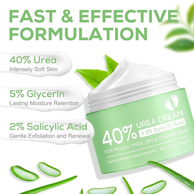 Urea Cream 40 Percent for Feet, plus 2 Percent Salicylic Acid - for Rough Thick Dry & Cracked Skin - Gently Exfoliates - Feet Hands Elbows - Tea Tree, Aloe Vera - 5.29 Oz(150g)