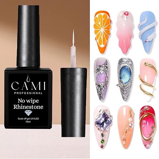 CAMI No-Wipe Rhinestone Glue, Crystal Clear, LED/UV Curable Nail Art Adhesive for Charms and 3D Decorations