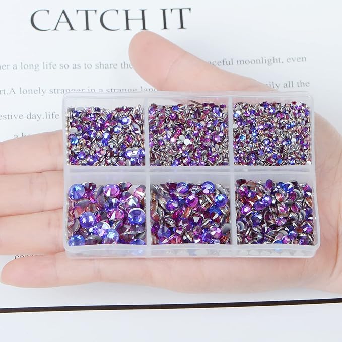 AD Beads 4300 Pieces Flat Back Nail Art Rhinestones Round Beads 6 Sizes (2-6.5mm) with Storage Organizer Box,Rhinestones Picking Pen for Nail Art Phone Decorations Crafts DIY (Purple Velvet)