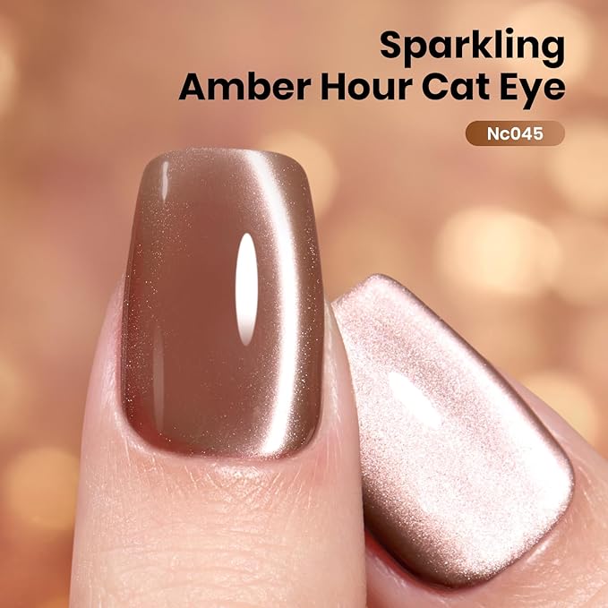 Beetles Brown Cat Eye Gel Nail Polish - Amber Hour Cat Eye Gel Polish, 15ML Glitter Brown Magnetic Fall Gel Polish Jelly Sheer Translucent Effect Soak Off UV French Nail Art Manicure Gift for Women