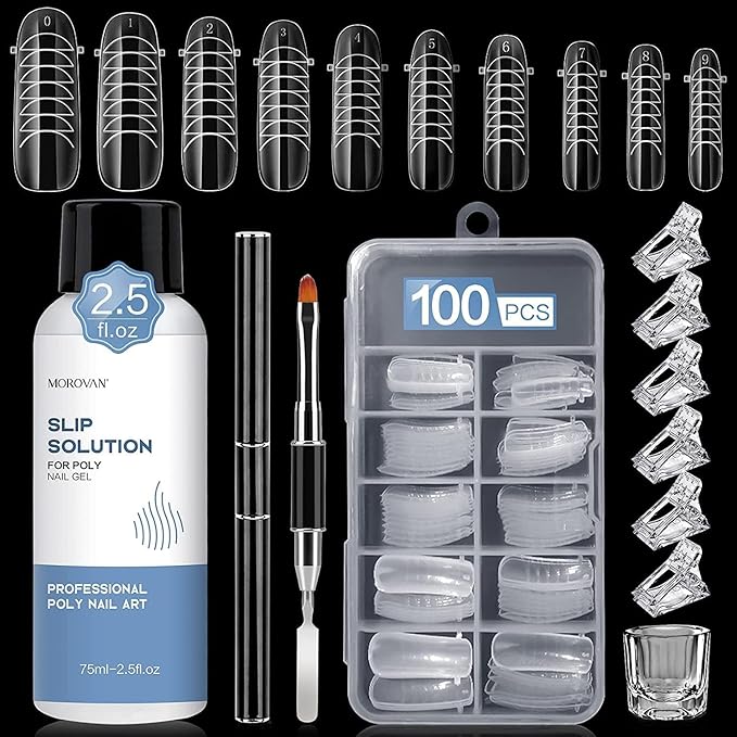 Morovan Nail Slip Solution Kit: 2.5 OZ Anti‑Stick Gel Liquid for PolyGel Nails with Dual‑Ended Brush & Nail Forms Ideal Easy Spread for Beginners
