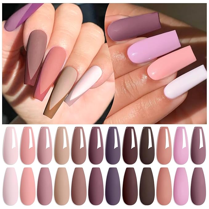 MTSSII Gel Nail Polish Kit, 12 Colors Fall Winter Pink Nude Brown Gel Polish Set Skin Tones Neutral Soak Off Gel Nail Gifts for Women Girl DIY Salon Home Manicure