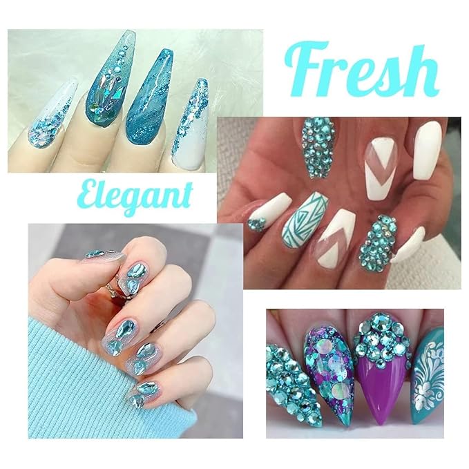 Aquamarine Resin Rhinestones w B7000 Glue for Bedazzling Crafting 2mm-6mm Lake Blue Flatback Stones Diamonds Crystals Gems Bedazzler Kit for Nails Face Eyes Makeup Tumblers Bottles Crafts Shoes