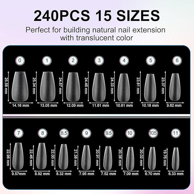 Medium Coffin Nail Tips, 240Pcs Double-Sided Matte Press-On Nails, Clear Fake Nails for Nail Extension, Manicure, Home DIY, Salon, 15 Sizes, Pre-Etched No File Soft Acrylic Gel Nails