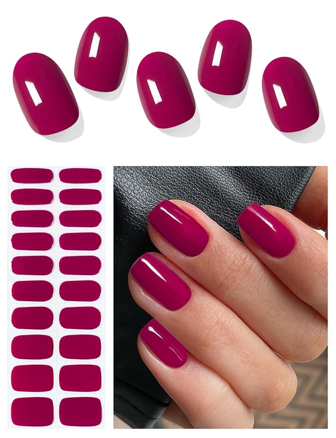 Semi Cured Gel Nail Strips (Beet Red), Berry Pink, 20 Pcs Gel Nail Wraps, Stickers, UV Light Required, Salon Quality, Long Lasting