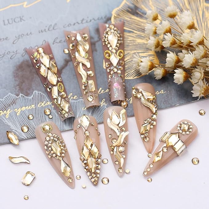 4 Boxes Champagne Gold Rhinestones and Glitters 24 Shapes K9 Glass Golden Gems Flatback Round Stones Diamonds Crystals Nail Art Charms Supplies for Nails Face Eyes Makeup Crafts Clothes Shoes