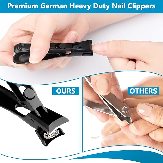 LINFOX German Nail Clippers Adult, Fingernail Clipper Ultra Sharp Sturdy Heavy Duty, Wide Jaw Anti Splash Lock Design, Professional Nail Cutter Premium Stainless Steel for Men, Woman, Seniors Black