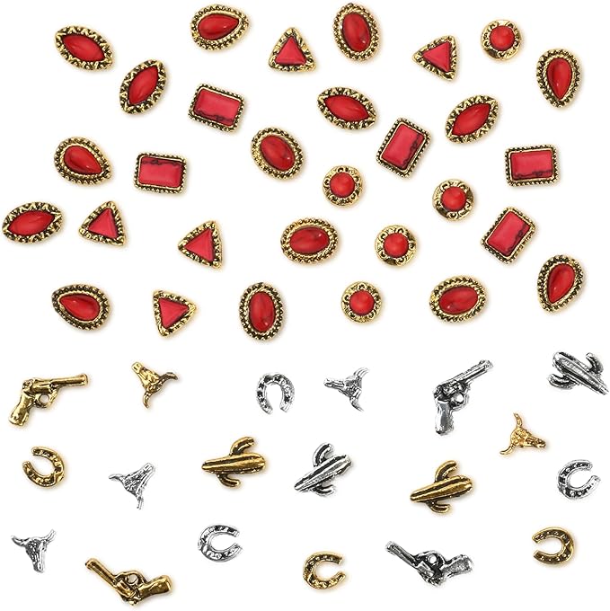50 PCS Western Nail Charms - Red Turquoise Charms 3D Multi Shapes Western Nail Art, Cowboy Cowgirl Vintage Turquoise Gem Stones, Red Marble Gems Stickers Accessories for DIY Art