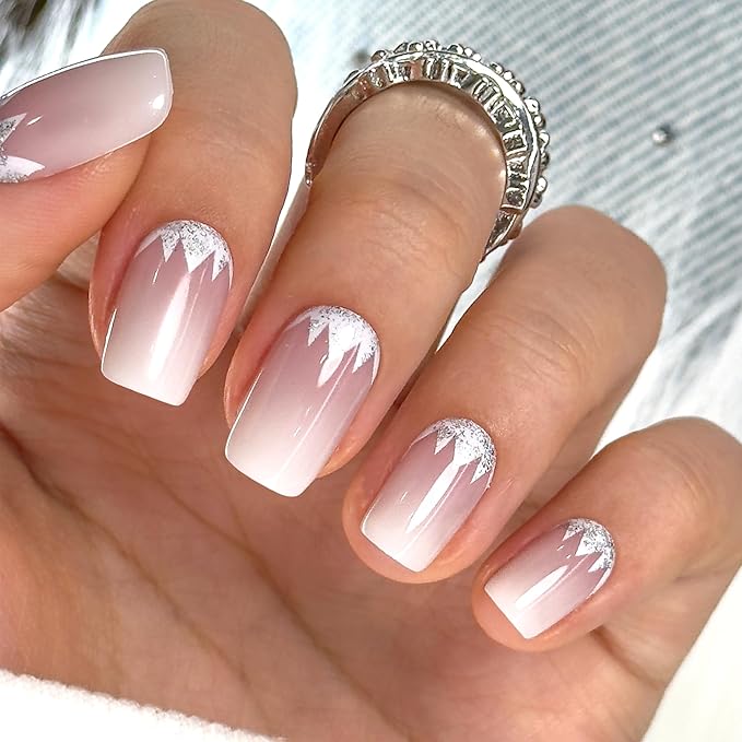 CurvLife Press On Nails Medium – 30Pcs Soft Gel Fake Nails, Nude Crystal Bloom Light Reusable Glue On Nail Kit with Adhesive Tabs, Natural Fit & Salon-Quality for Women & Girls