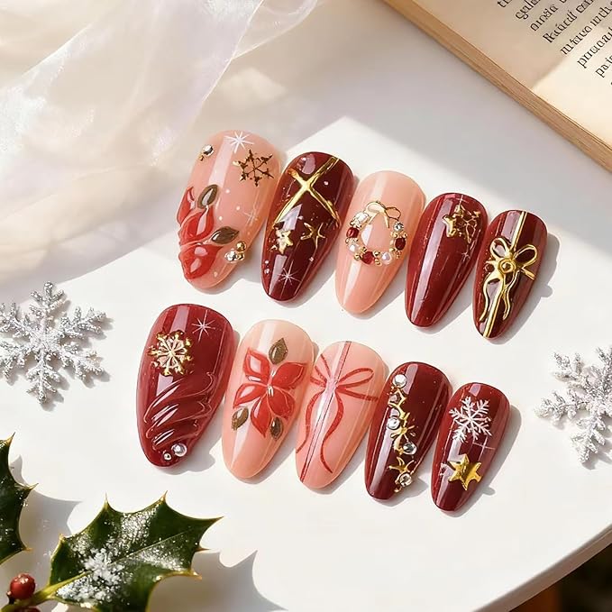 Christmas Press on Nails Medium Almond MABKJLF Fake Nails 3D False Nails with Flower Snowflake Stars Bow Pearls Rhinestones Designs Glossy Glue on Nail Winter Acrylic Nails for Women Girls 24Pcs