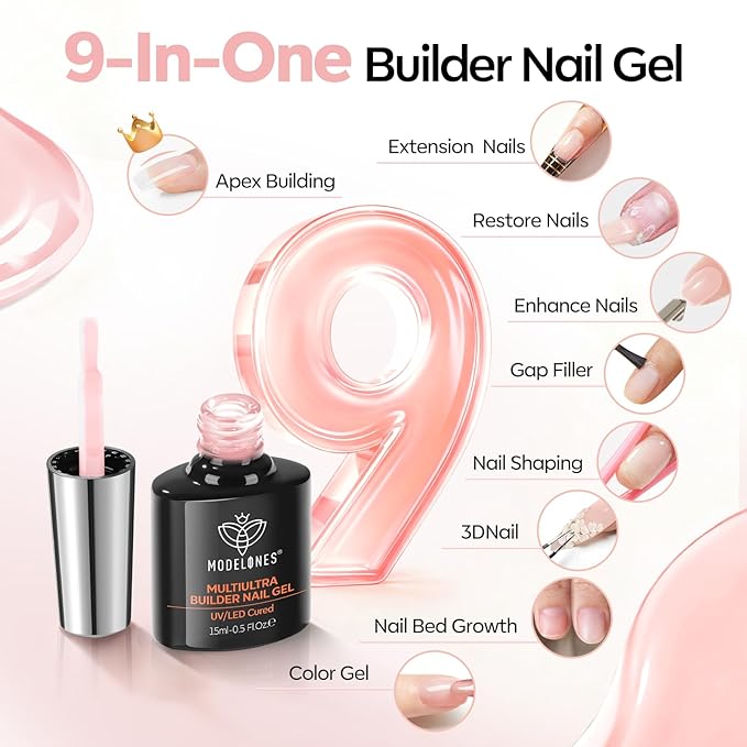 modelones Builder Nail Gel, Soft Pink Builder for Nails No Top Coat Needed, Glossy Jelly Finish Blush Pink, No-Wipe, C-Curve Sculpting, 9-in-One LED Lamp Cured Color Gel Polish for Quick Diy Salon
