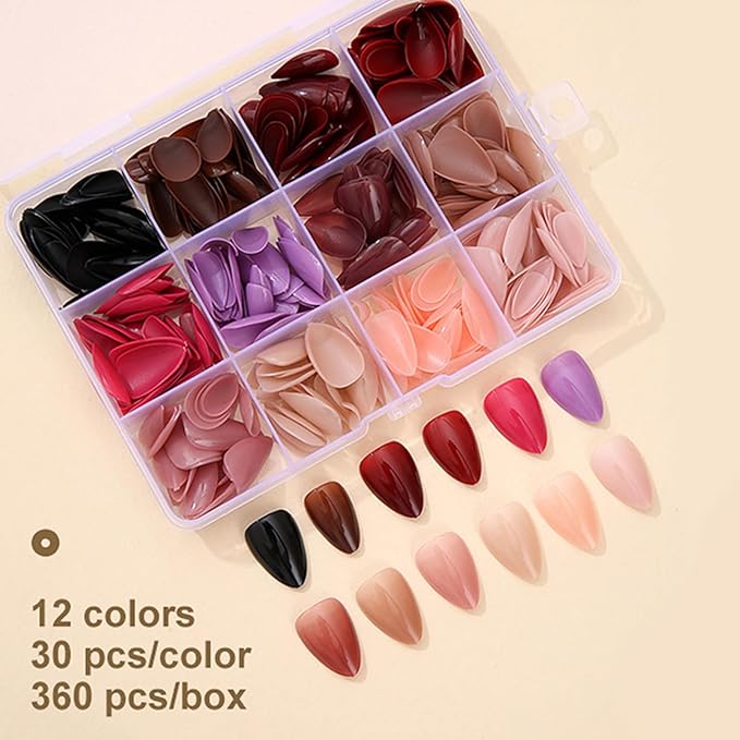 12Packs 360Pcs Almond Press on Nails Tips Short Fake Nails Soft Gel False Nails Solid Color Acrylic Nails Art Almond Nails Tips for Women Girls Manicure Decoration 15 Size - 12 Colors