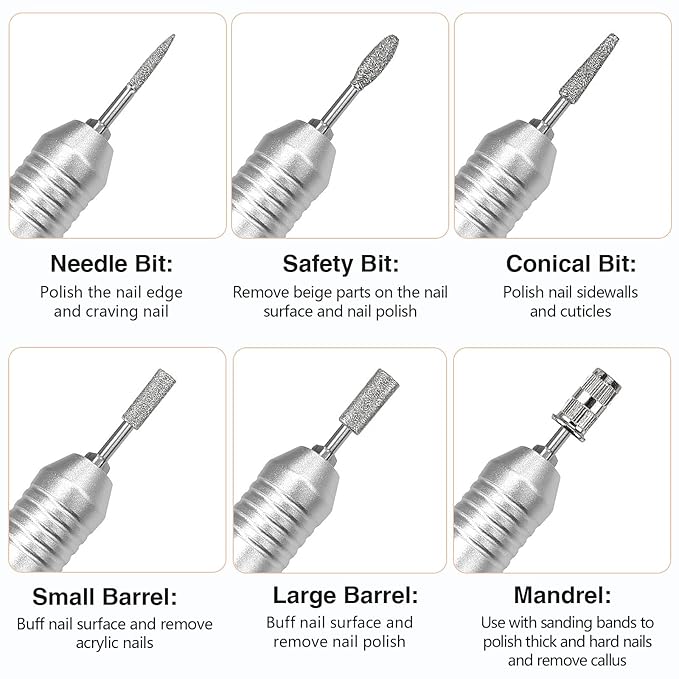 6PCS Nail Drill Replacement Heads with 56 Sand Rings, Universally Compatible with Nail Drills