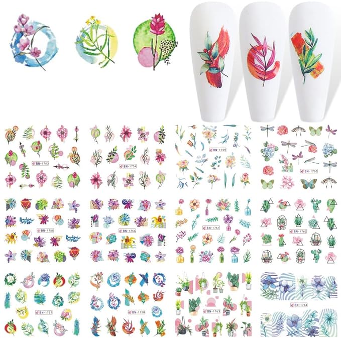 24 Sheets Flowers Nail Art Stickers, Holographic Floral Leaf Butterfly Nail Water Transfer Decals Design, Flower Nail Art Sticker Supplies for Women Girls Manicure Charms Decorations, Resin Nail Decal