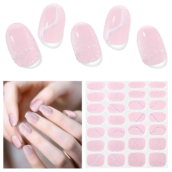 Semi Cured Gel Nail Strips, 28 pcs Gel Nail Stickers Work with Any UV Lights, Long-Lasting Nail Art Wraps, Stick on Nails for women Easy to Apply & Remove