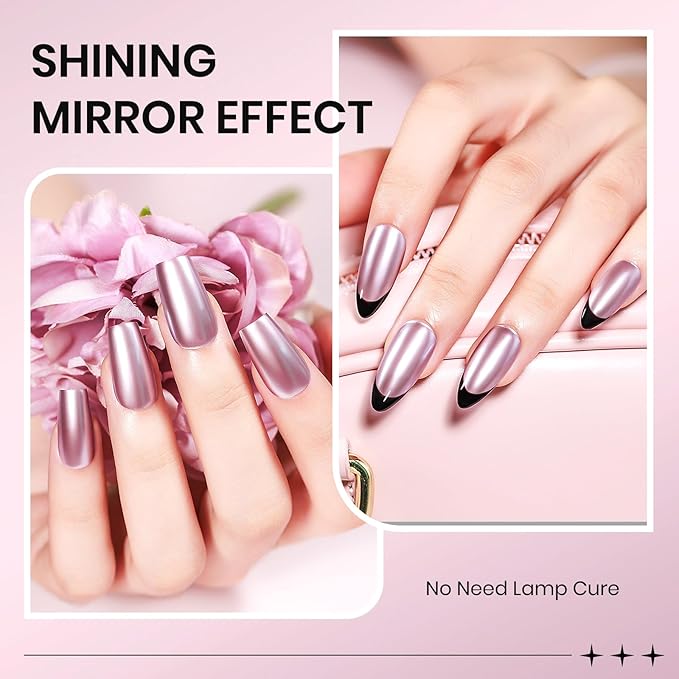 Rose Gold Mirror Nail Polish Quick Dry Metallic Nail Polish Non Gel High Glossy Nail Lacquer Air Dry Chrome Nails Polishes Oil-based Holo Fingernail and Toenail
