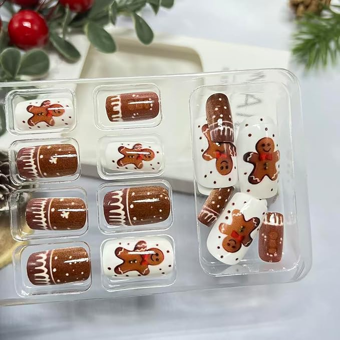 Christmas Press on Nails Short Square Fake Nail with Gingerbread Man Designs Brown Xmas False Nails Glossy Full Cover Winter Stick on Nail for Women 24 Pcs