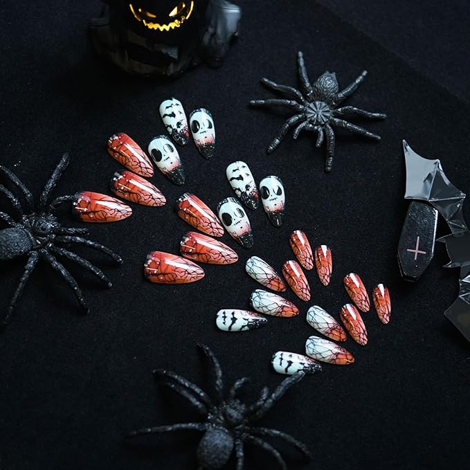 Halloween Glossy Press on Nails, Almond Fake Nails, False Nails with Bat Ghost Designs, Full Cover Acrylic Stick on Nails for Women Girls 24Pcs