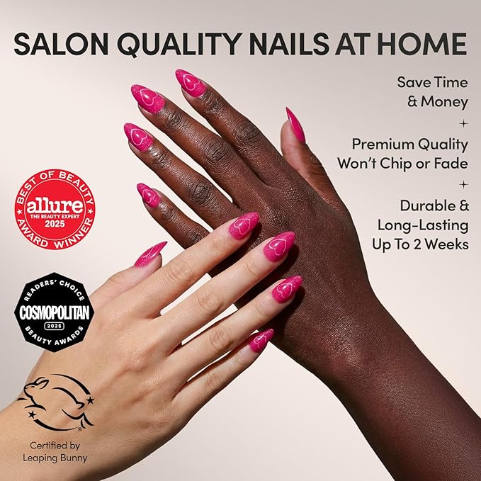 Glamnetic Press On Nails - Text Me Back | Short Almond Fake Nails in Hot Pink with Cat-Eye Magnetic Heart Designs in a Velvet Finish, Valentines Day Nails | 15 Sizes - 30 Nail Kit with Glue