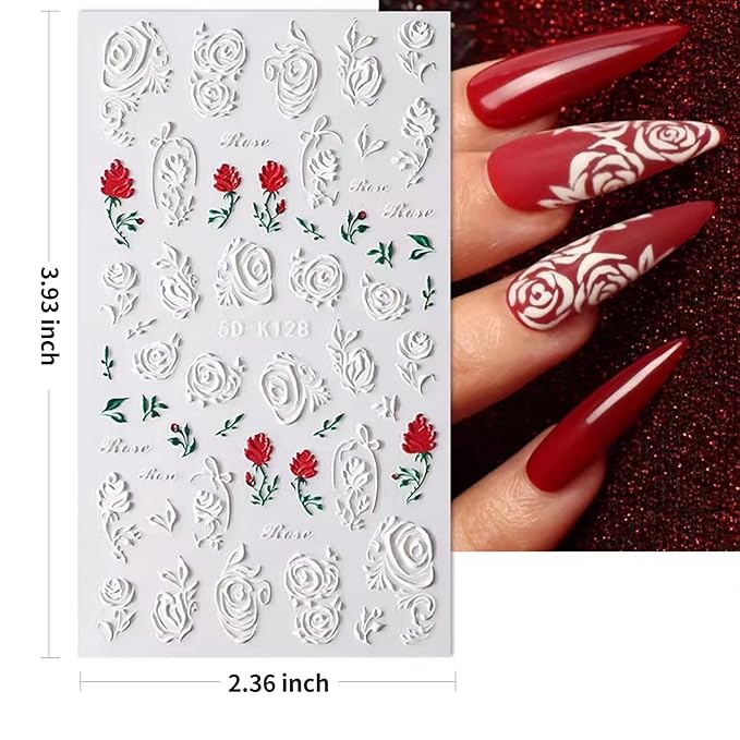 French Pattern Roses White 5D Embossed Nail Stickers, Romantic Rose Nail Decals for Women & Men - Self-Adhesive Nail Supplies