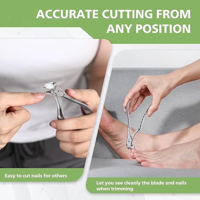 BALUCA Ergonomic Nail Clipper for Seniors - Toenail Clipper for Thick Toenails and Fingernails, Long Handle Nail Clippers with Catcher (Silver, Long Handle)