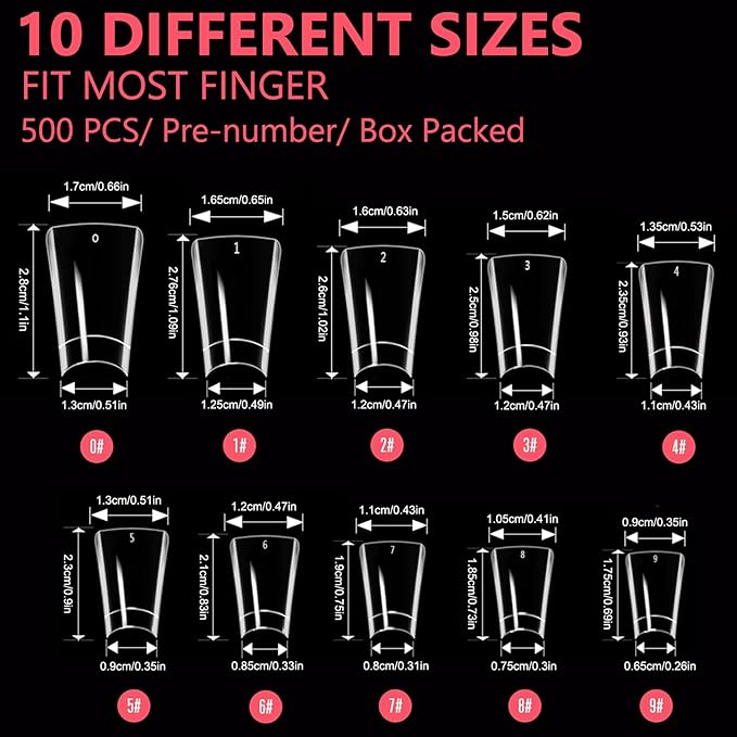 BlueZOO Duck Nail Tips, 500Pcs Clear C Curve False Nail Tips for Acrylic Nails, Gel Half Cover Wide French Nails 10 Sizes, Y2K Nail Extension Professional Salon & Home DIY Nail Art for Women Girls