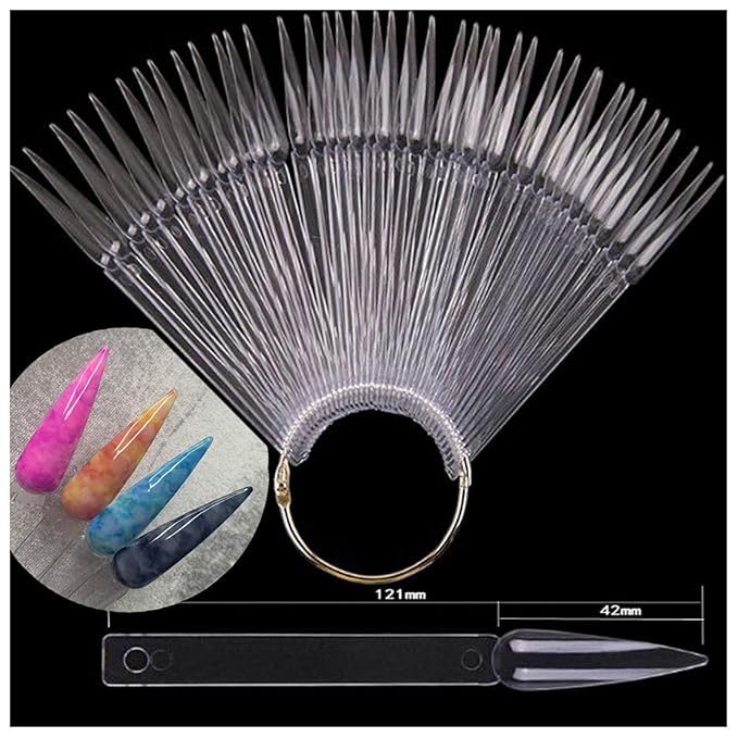 LoveOurHome 150pc Clear Nail Swatch Sticks - Long Stiletto Cofffin Almond Nails Polish Swatches Sample Nail Tester Sticks - Display Cards with Ring