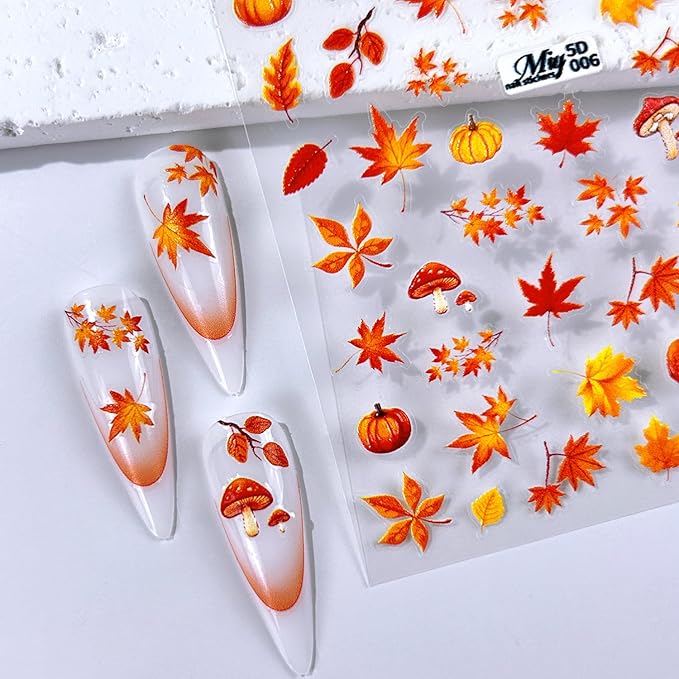 Fall Nail Stickers 5D Embossed Nail Art Stickers Autumn Nail Decals with Fox Maple Leaves Pumpkin Pinecone Designs Cute DIY Self-Adhesive Nail Art Supplies 3 Sheet