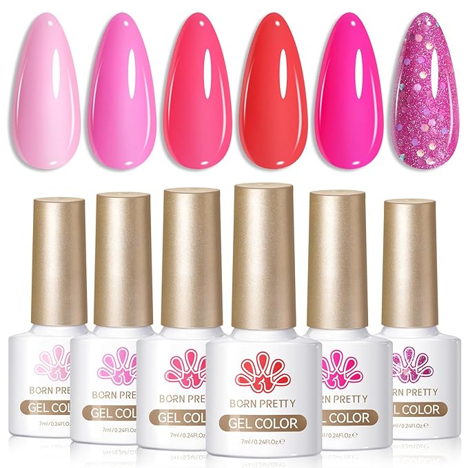 Born Pretty Neon Hot Pink Valentine's Day Gel Nail Polish,Natural Soft Light to Dark Glitter Sparkle Gel Polish Soak Off U v LED Nail Art Manicue Kit DIY at Home or Manicure Salon 6PCS
