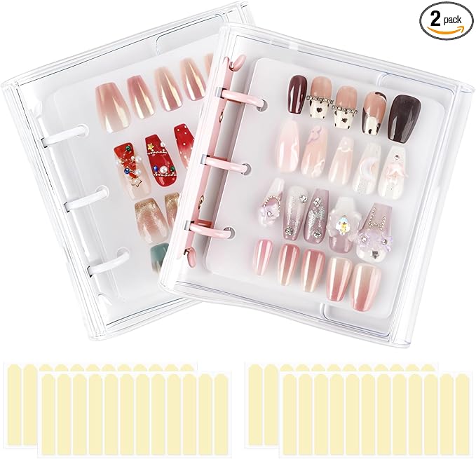 Press On Nail Organizer, 2Pcs Press On Nail Binder Book with 12 Insert Pages-A8 Sized & Double Sized Tape, Fake Nails Swatch Display Collecting Storage Book(Pink+White)