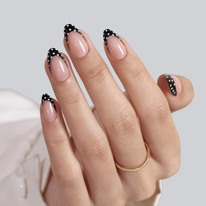 Black French Tip Press on Nails Short - SHANGMENG Soft Gel Almond Press on Nails for Women, Seamless Fit Glue on Nails in 16 Sizes - 32 Reusable Fake Nails Kit with Glue, Polka Dots