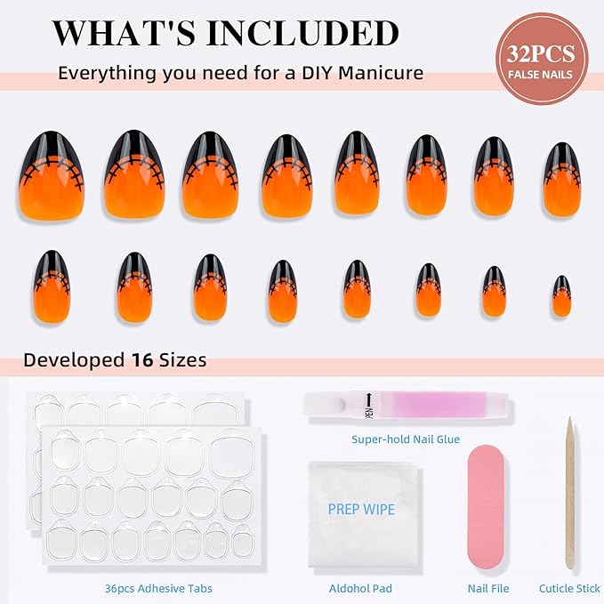 Orange French Tip Press On Nails Short Almond, Glossy Reusable Press On Nails for Women, 32 Count 16 Sizes Nail Kit with Glue (SV-09)