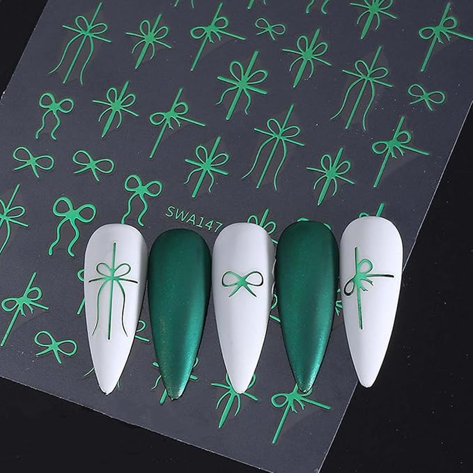 6 Sheets Bow Nail Stickers for Nail Art Christmas Nail Design Decals - Red,Green,Gold Bows Stickers for Nails,Christmas DIY Manicure Decor for Women Girls