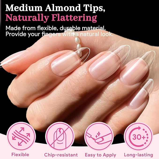 Medium Almond Fake Nail Tips, 15 Sizes 240 PCS Clear Half Matte Press On False Nail Tips Pre-shaped Full Cover Gel Nail Acrylic Soft Tips Extensions Thick Long Lasting for Home DIY Nail Salon