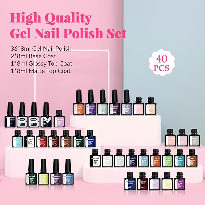 phoenixy 40 PCS Gel Nail Polish Kit, 36 Colors Gel Nail Polish Set with Base Top Coat Pink Blue Red at Home Nail Kit Christmas Gifts for Women