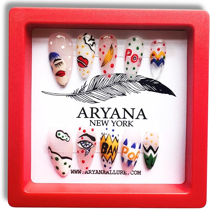 Handmade Press on Nails 3D Almond Fake Nails Clear Press on False Nails with Hand Painted Pop Art Design with French tips Fall Nails for Women 10 PCS Handcrafted - Pop Art Collection - (Small)