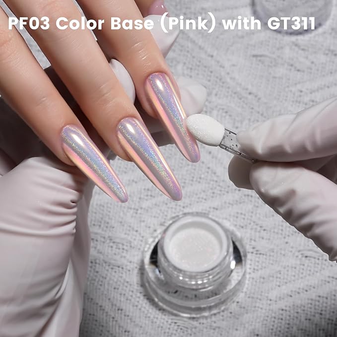 Yokefellow GleamTap Cushion Holographic Aurora Chrome Nail Powder -Holo Nail Art Glitter Decoration Manicure Pigment for Nail Salon(GT311 Pinkstar Prism/Blue Pink with Pink Sheen and Holo Aura)