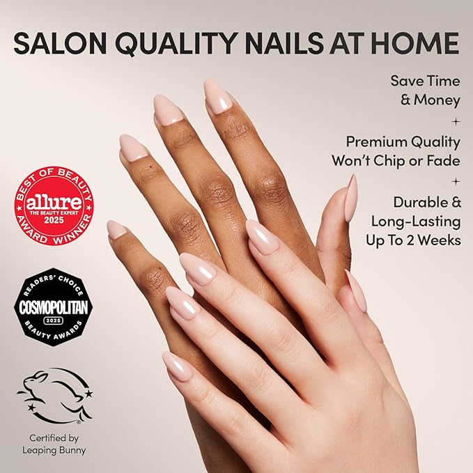 Glamnetic Press On Nails - Los Angeles Fake Nails | Solid Opaque Blush Nude Pink Short Almond Nails in Glazed Finish, Salon Quality | 15 Sizes - 30 Nail Kit with Glue