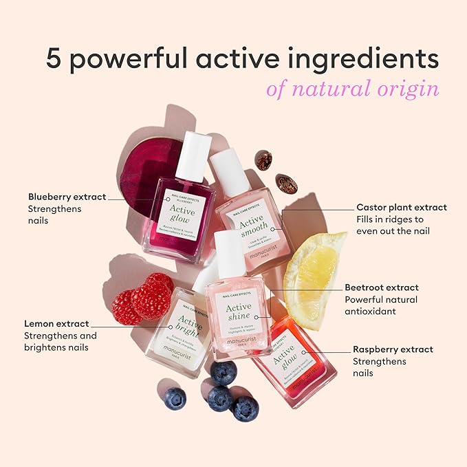 Manucurist Rainbow Active™ Full Range 5-Pack Gift Set - Nail Care & Polish Set - No Lamp - 5 Treatment Nail Polish : Glow Raspberry, Glow Blueberry, Shine, Smooth, Bright - Made in France