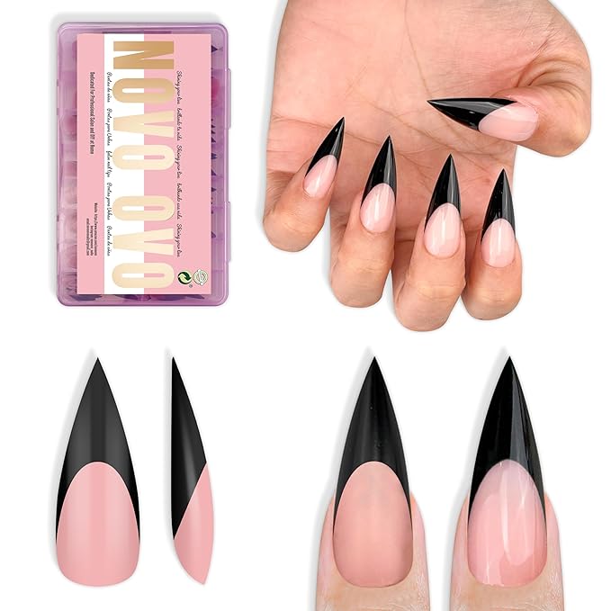 NOVO OVO Black French Tip Sharp Stiletto Pointed Medium Long Nail Tips Press on Baby Pink, Soft Gel Fake Acrylic Extension, Full Cover False Nails for Salon DIY x 16 Sizes 160 pcs