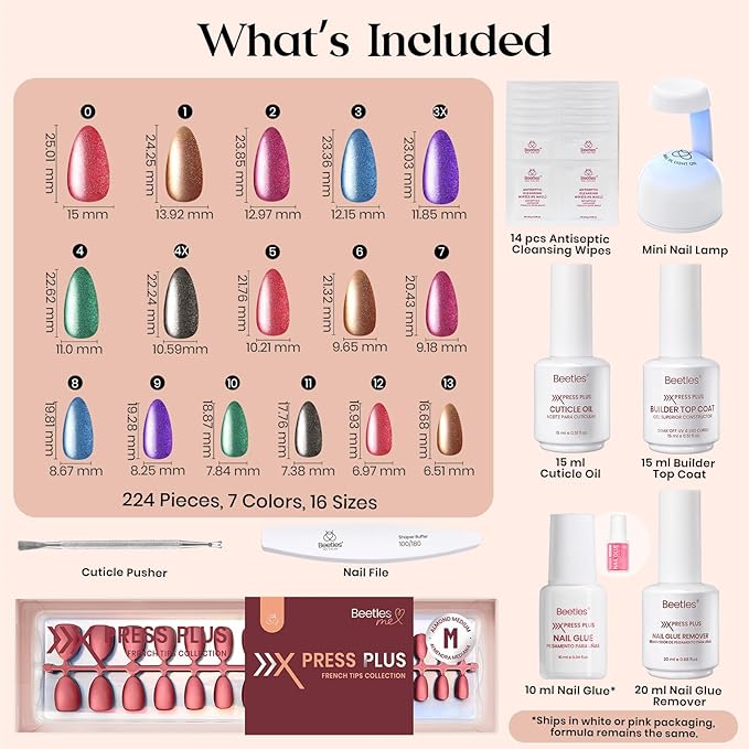 Beetles Cat Eye Nails Kit - Midnight Aurora | 7 Colors Cat Eye Press On Nails Medium Almond | 224Pcs 16 Sizes All-in-One Kit With Nail Glue,Remover,Builder Top Coat,Nail Lamp Gift