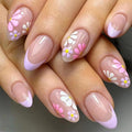French Press on Nails Short Almond Purple French Fake Nails with Flowers Designs Acrylic Glue on Nails Reusable Gel Nail Glossy Artificial Nails Removable Stick on Nail for Women 24 Pcs